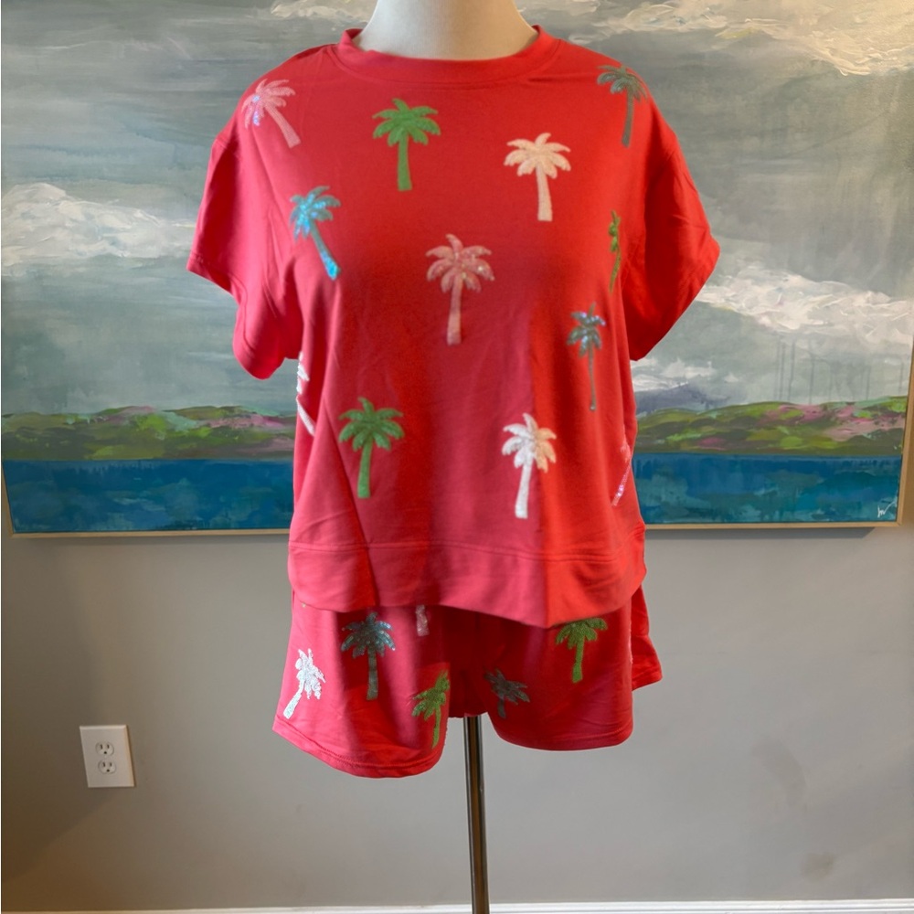 Mary Square Coral Top and Shorts with sequin palm trees.